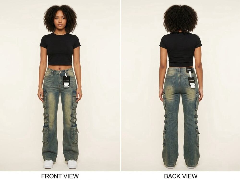 Innovare Denim Vintage Wash Buckle Cargo Flare Jeans Y2K Utility - US Size M